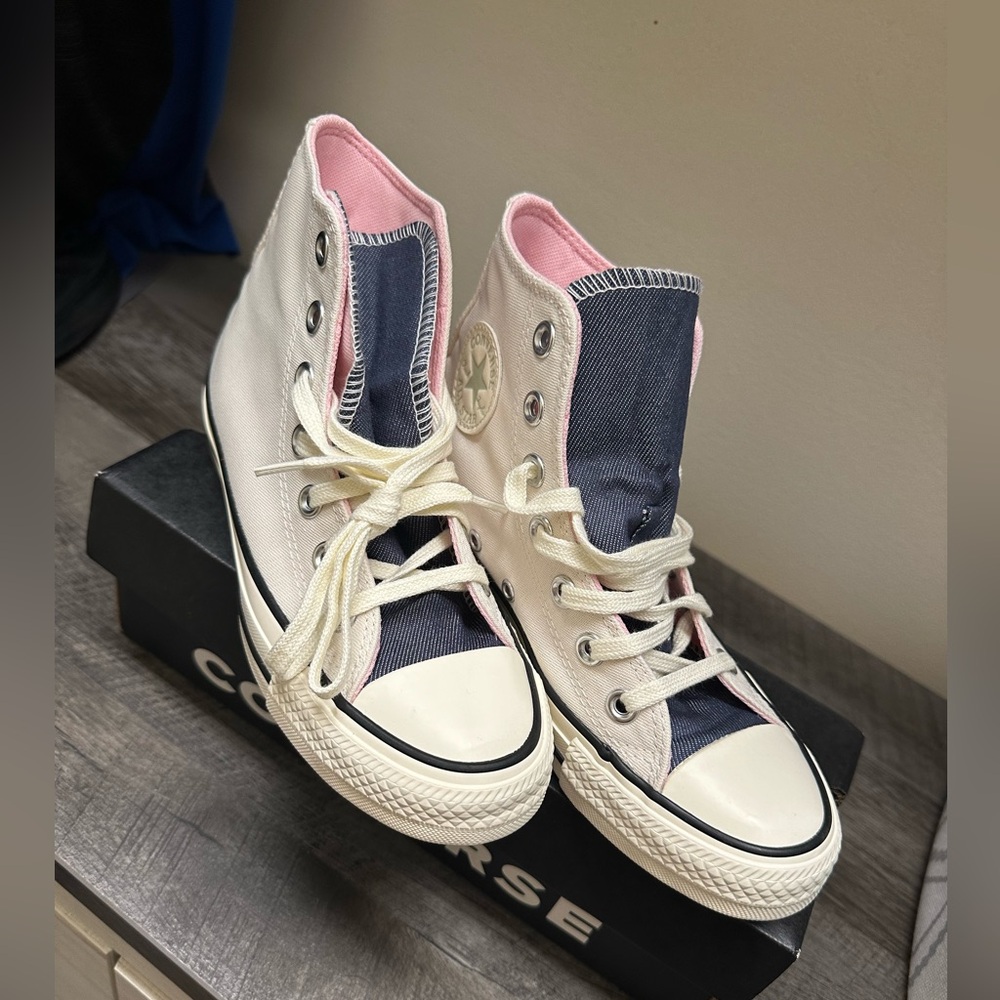 NEW in box Converse Chuck High tops white, denim and pink. Size 5
